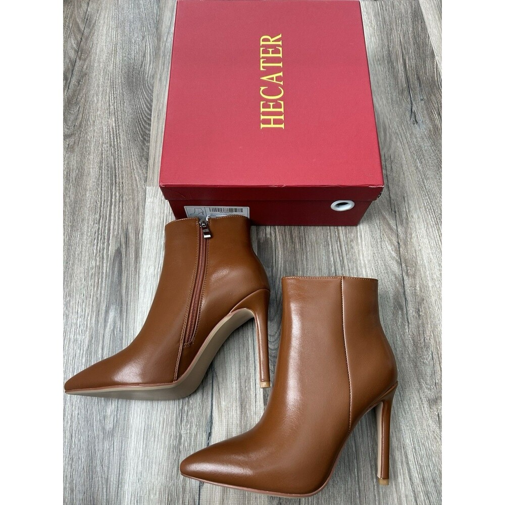 NIB Cognac Brown Stiletto Ankle Booties Pointed Toe High Heel Boots Size 6.5
